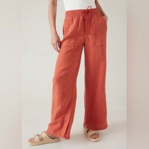 Athleta Retreat Linen Pull On Stretch Waist Wide Leg Orange Pants Trousers